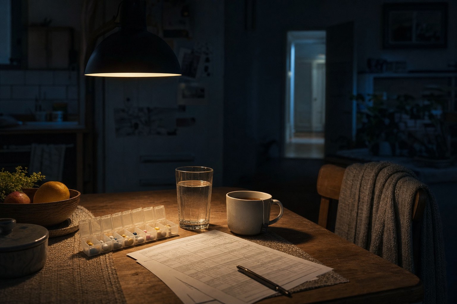 A dark domestic kitchen at night, a pill organiser and a used mug on the counter, lit only by a doorway to one side.