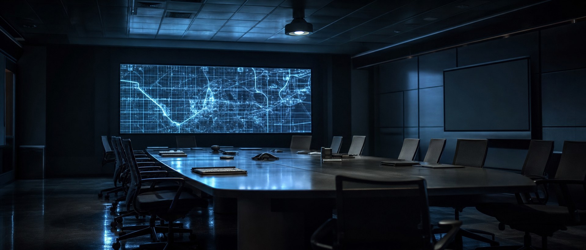 An empty military operations room at night, a long table and dark inactive displays lit by a single cool overhead panel at the far end.