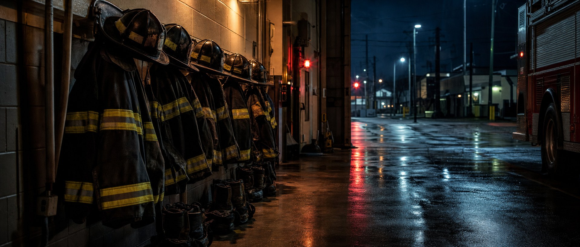 An empty apparatus bay at night, turnout coats and boots waiting in a row along the wall, the bay door open onto a wet street.