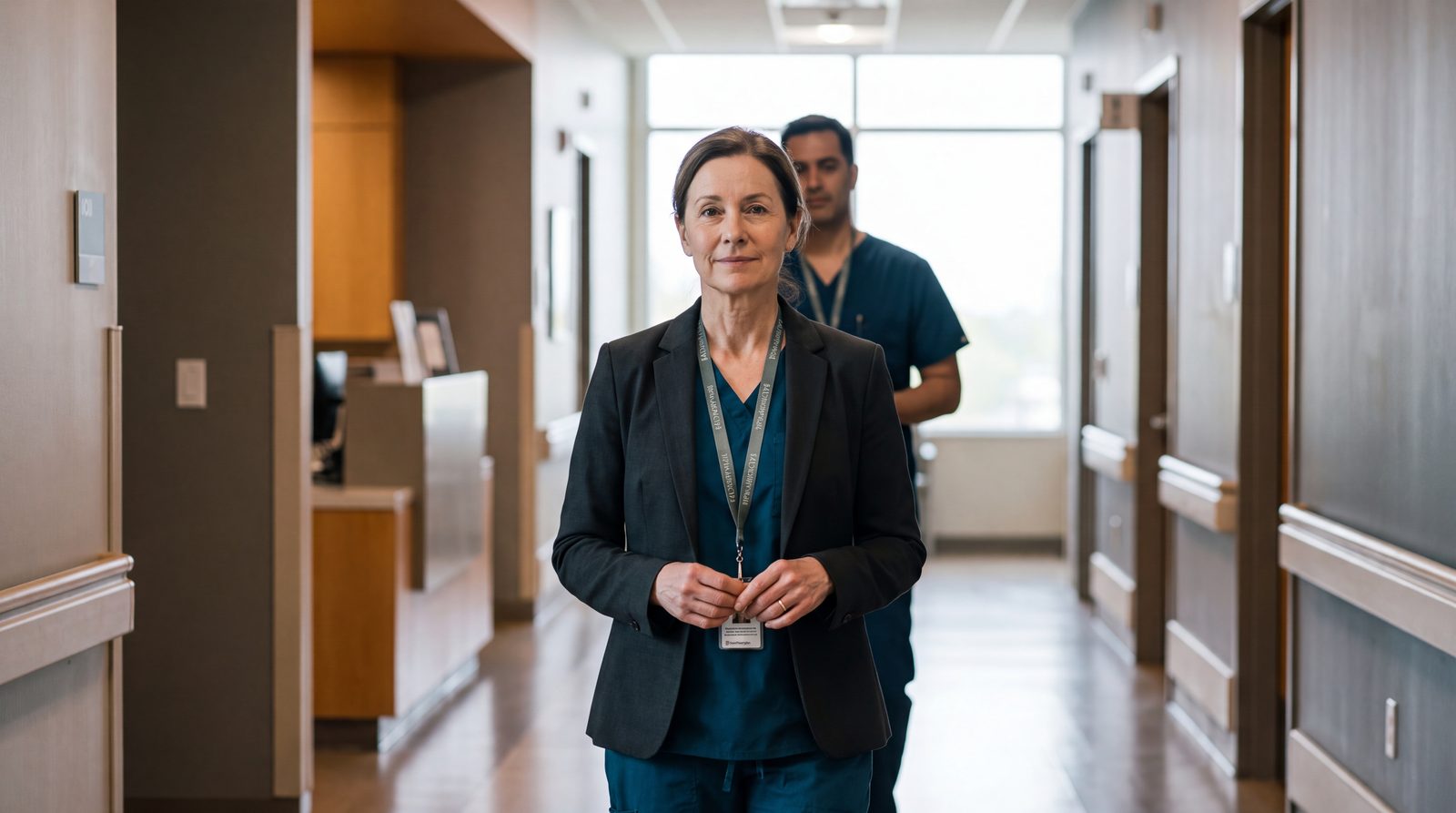 A senior clinical leader standing in a hospital corridor, a colleague behind her, looking toward the camera with a composed and approachable expression.