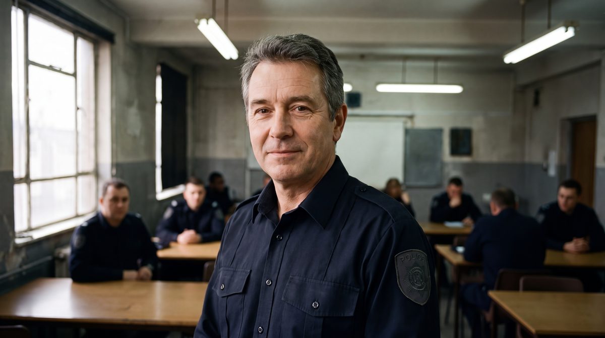 A police commander standing in a briefing room before a shift briefing, officers seated behind him, looking toward the camera with a steady and approachable expression.