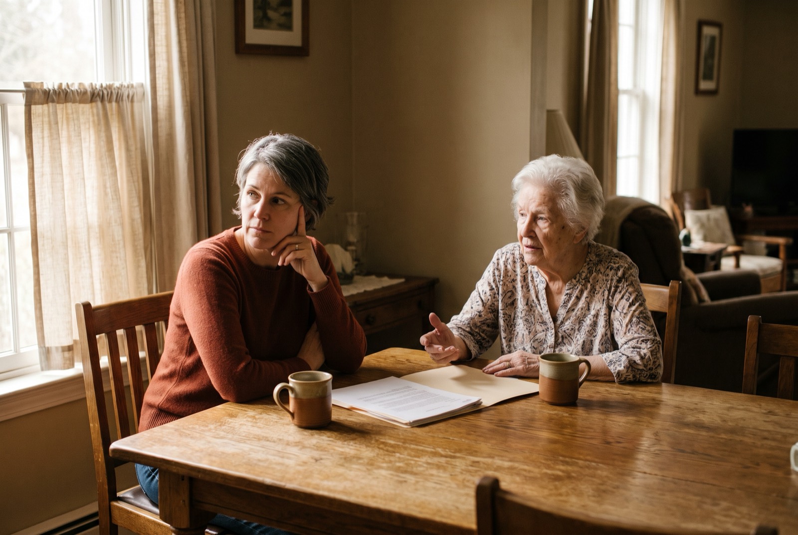 An adult daughter and her elderly mother sit at a sunlit dining table mid-conversation,
                      a folder of papers open between them.