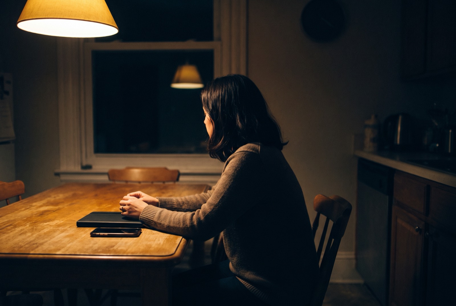 A woman sits alone at a kitchen table late at night, hands folded, a closed notebook and a
                face-down phone in front of her.