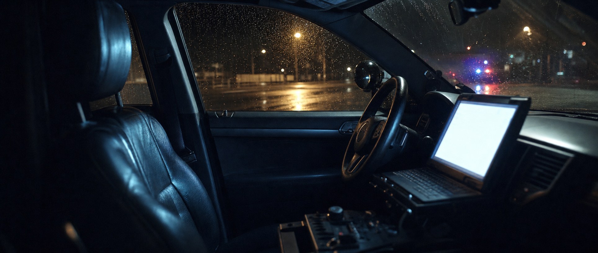 The empty interior of a parked patrol car at night, a distant streetlight catching the edge of the steering wheel.