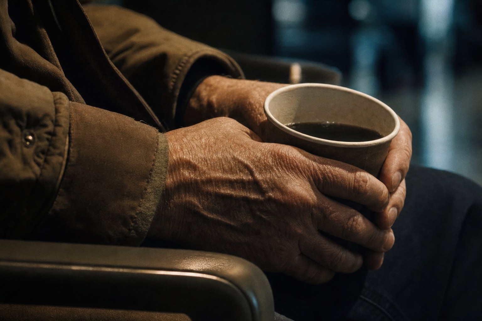 The lined hands of an older person resting on the arm of a waiting-room chair beside an untouched paper cup, in near-darkness.