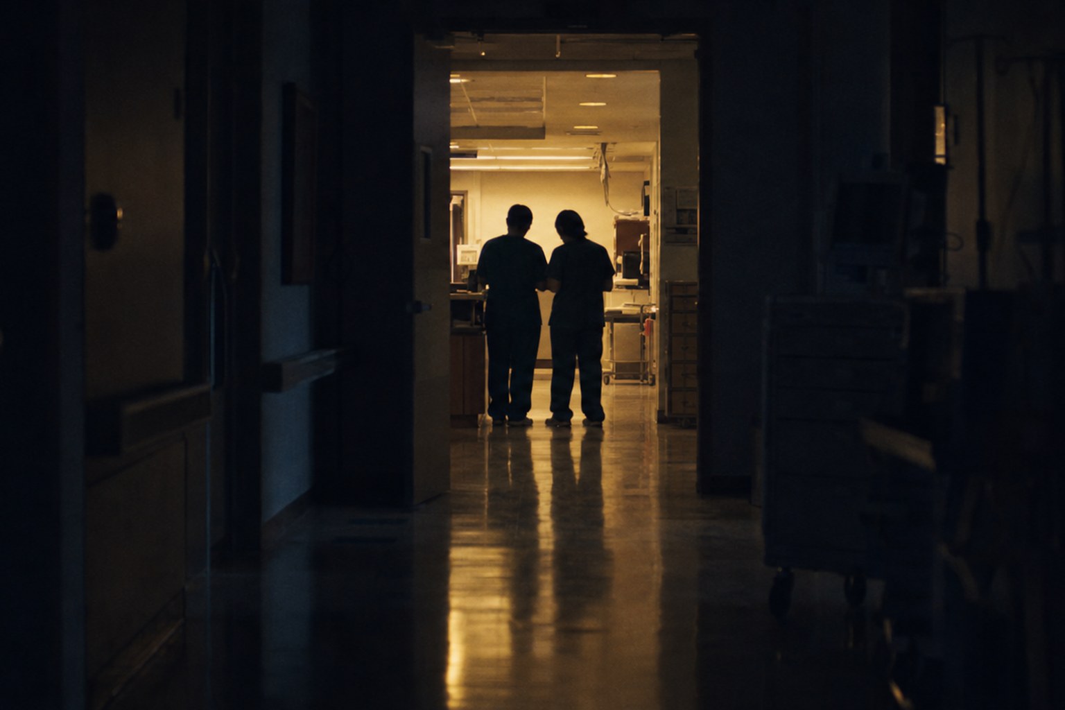 Two clinicians in scrubs standing close together in a dimly lit hospital corridor, conferring quietly over a chart.