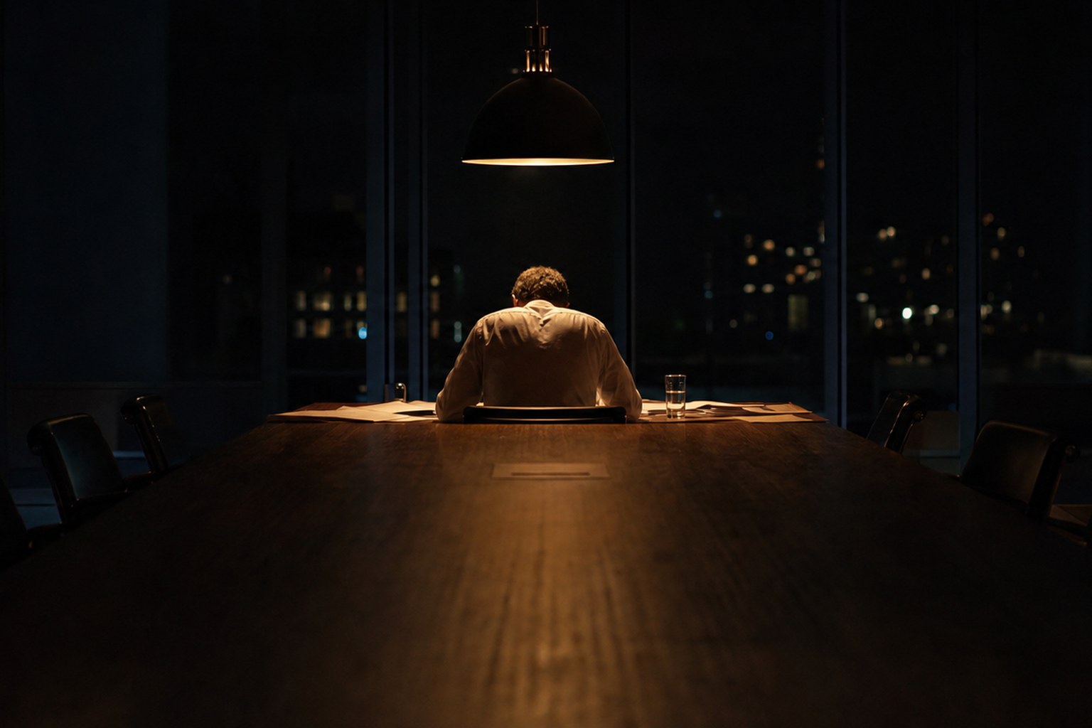 A single figure seated at a desk late at night, lit only by the screen in front of them, the rest of the room in darkness.