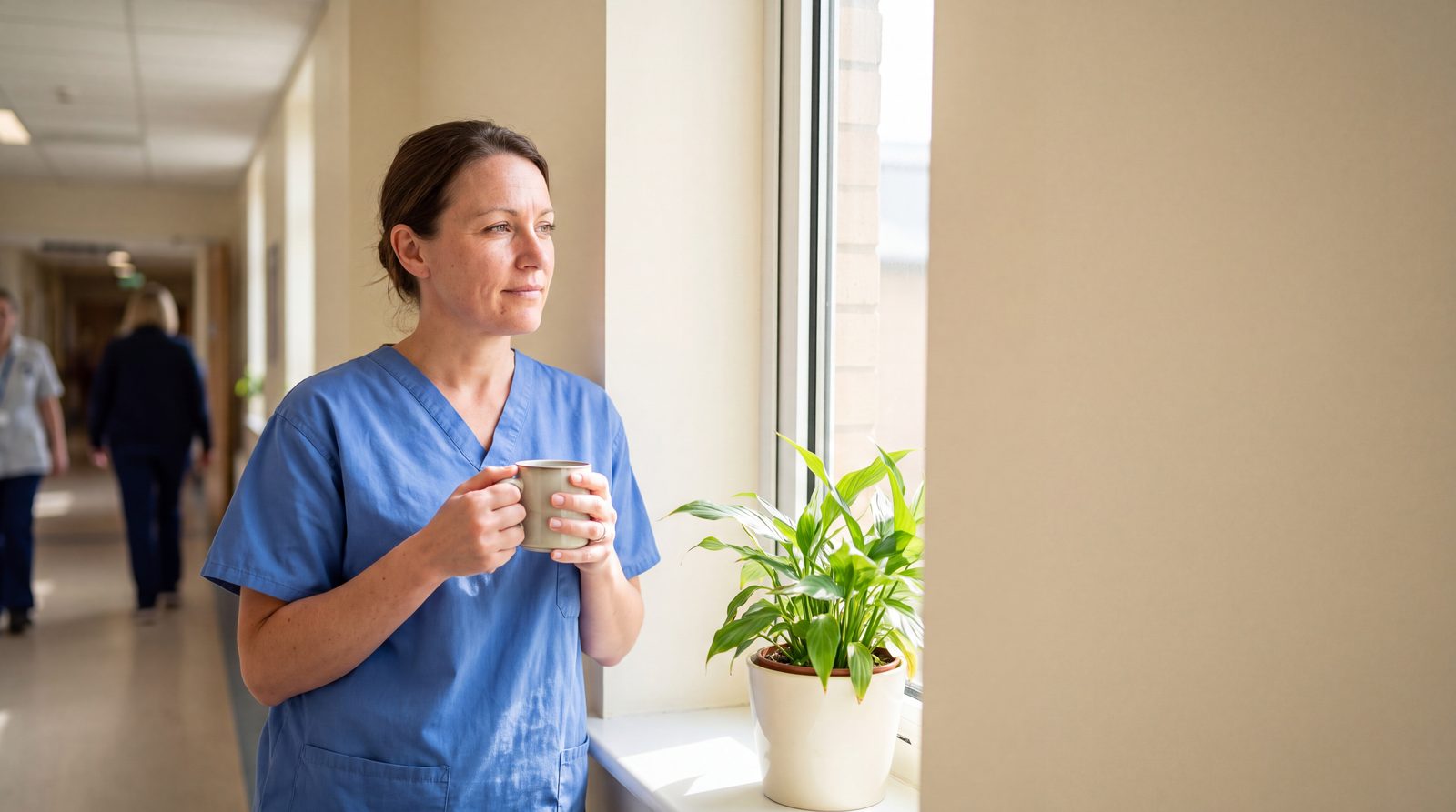 A doctor in scrubs standing with a coffee at a tall window in a bright hospital corridor, taking a deliberate quiet moment.