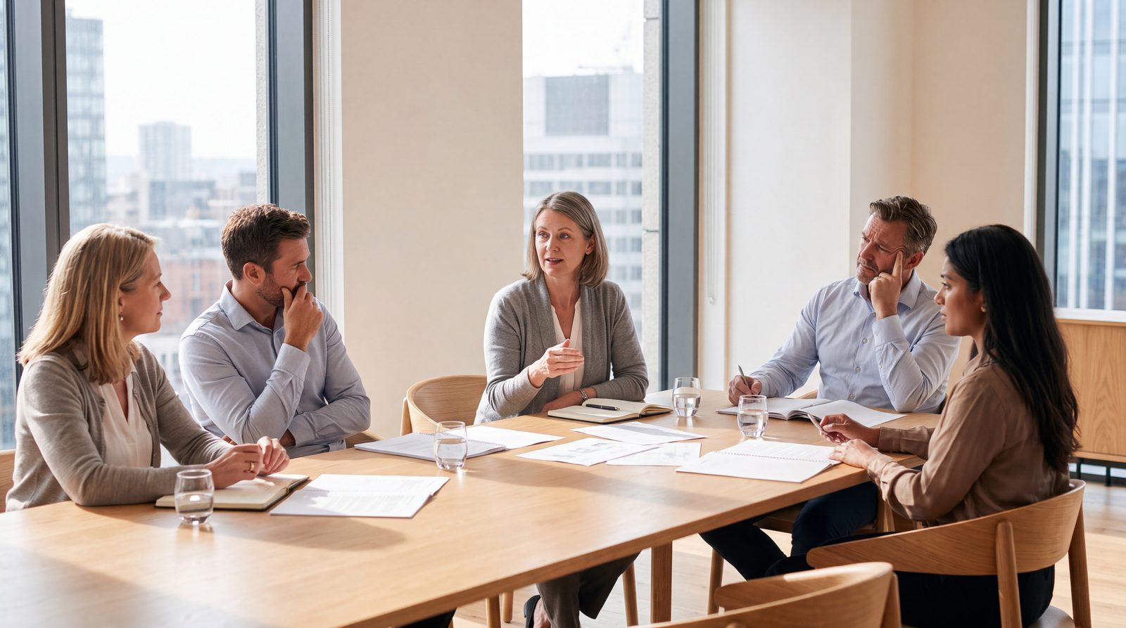 Five directors of mixed ages and backgrounds in thoughtful deliberation around a light wood table in a bright boardroom.