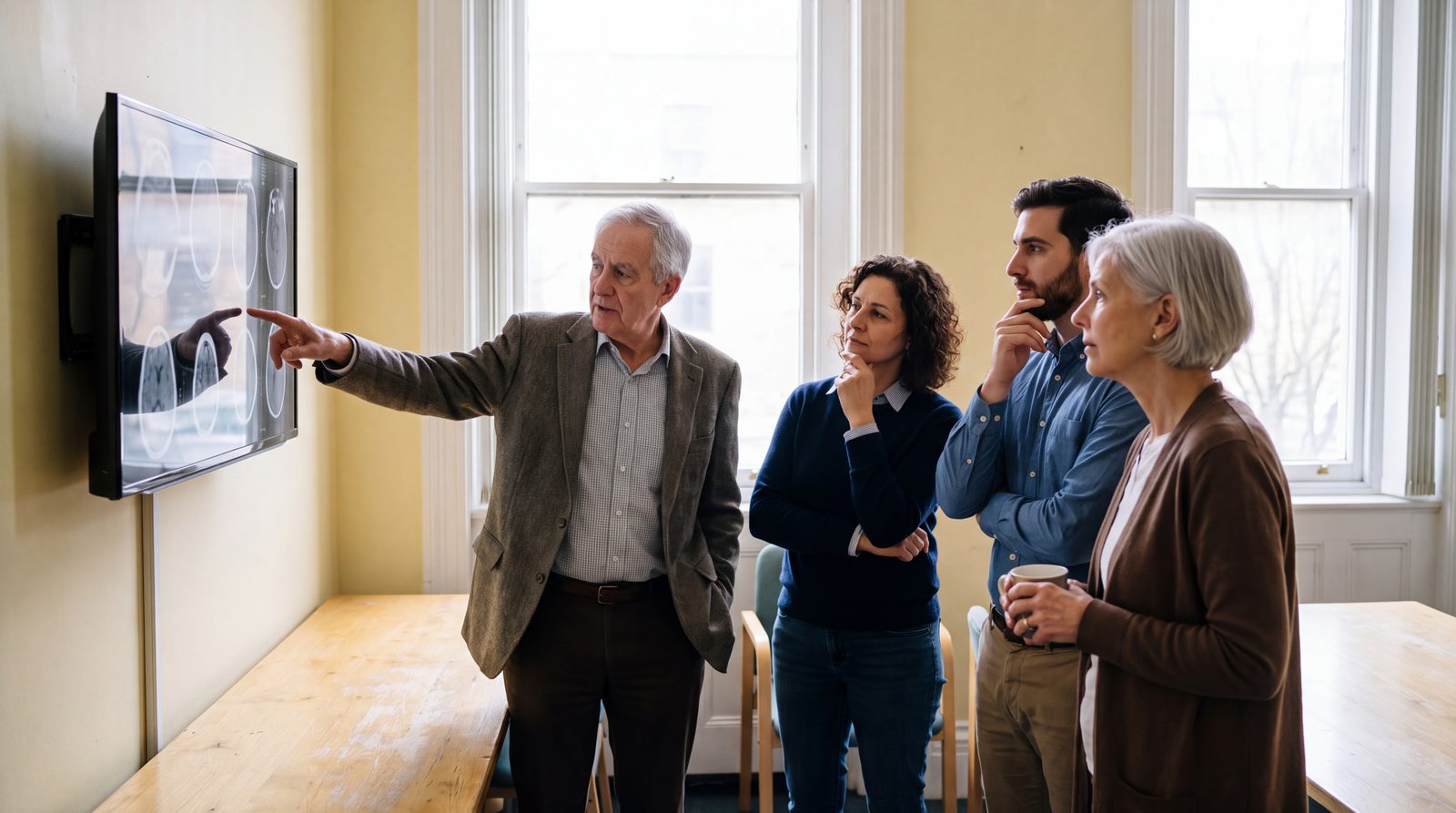 Four clinicians standing together at a wall display of brain imaging in a bright case-review room, considering a detail one of them is pointing to.