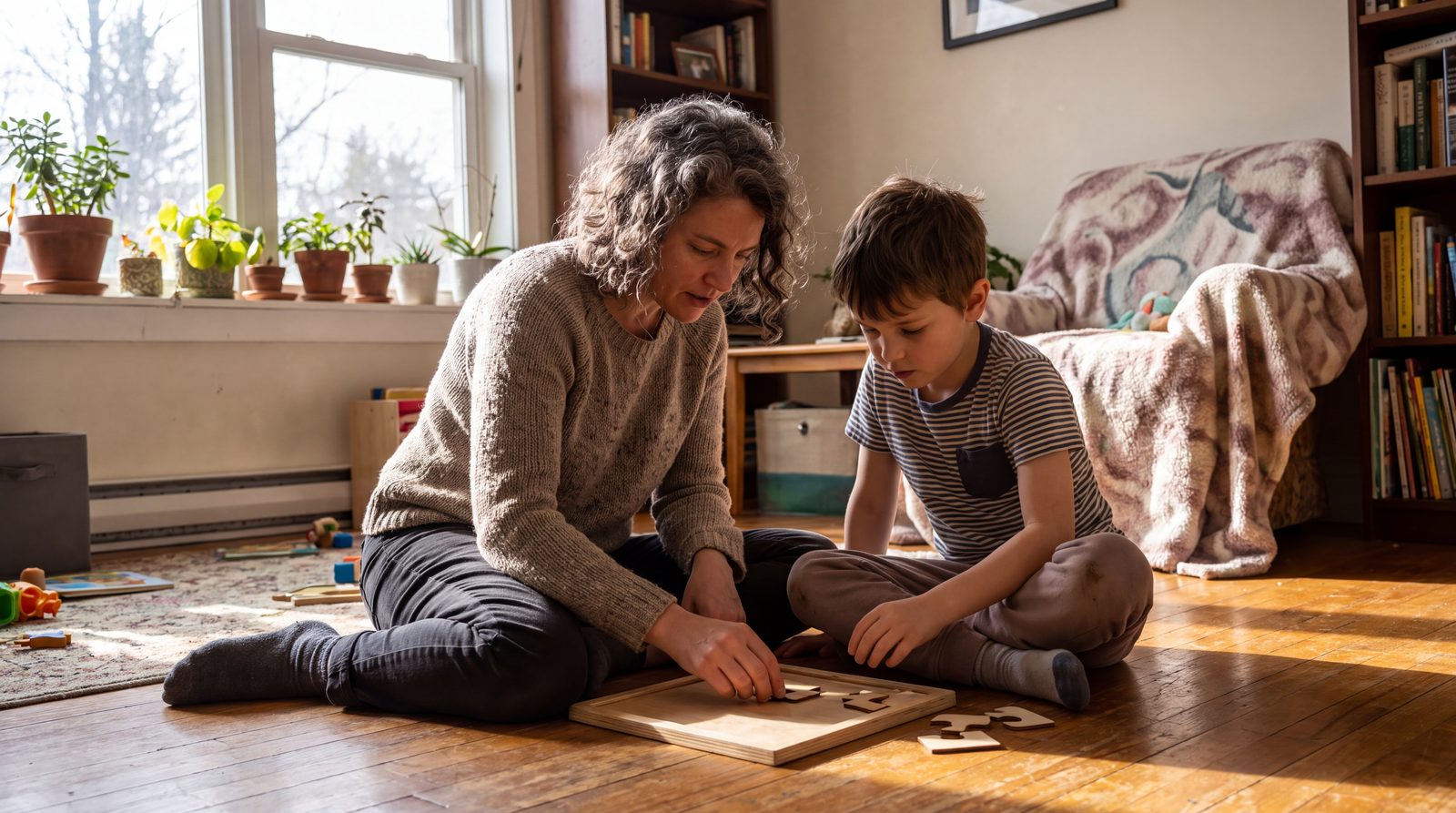 A mother sitting on the floor beside her young son, both absorbed in a wooden puzzle between them in a sunlit family living room.