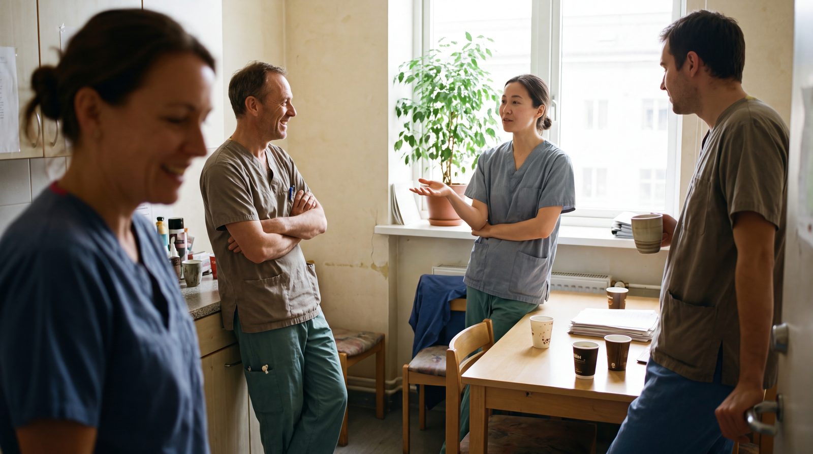 Three clinicians in scrubs in calm, focused conversation before a shift in a bright hospital team room.