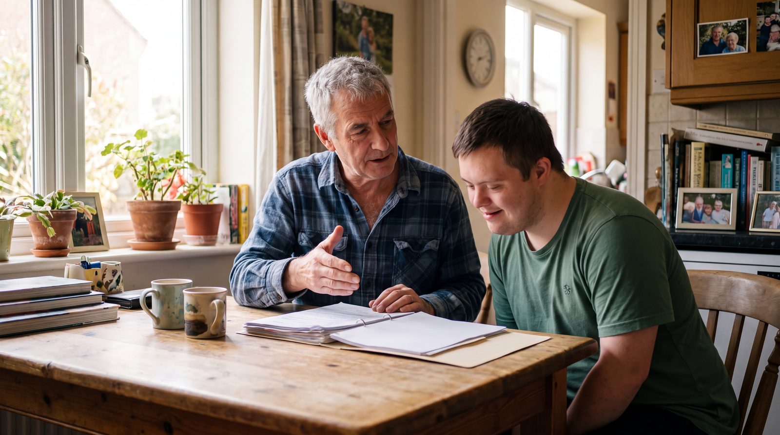 A father and his adult son sitting together at a sunlit kitchen table with a folder of papers and two mugs, the father explaining something calmly.