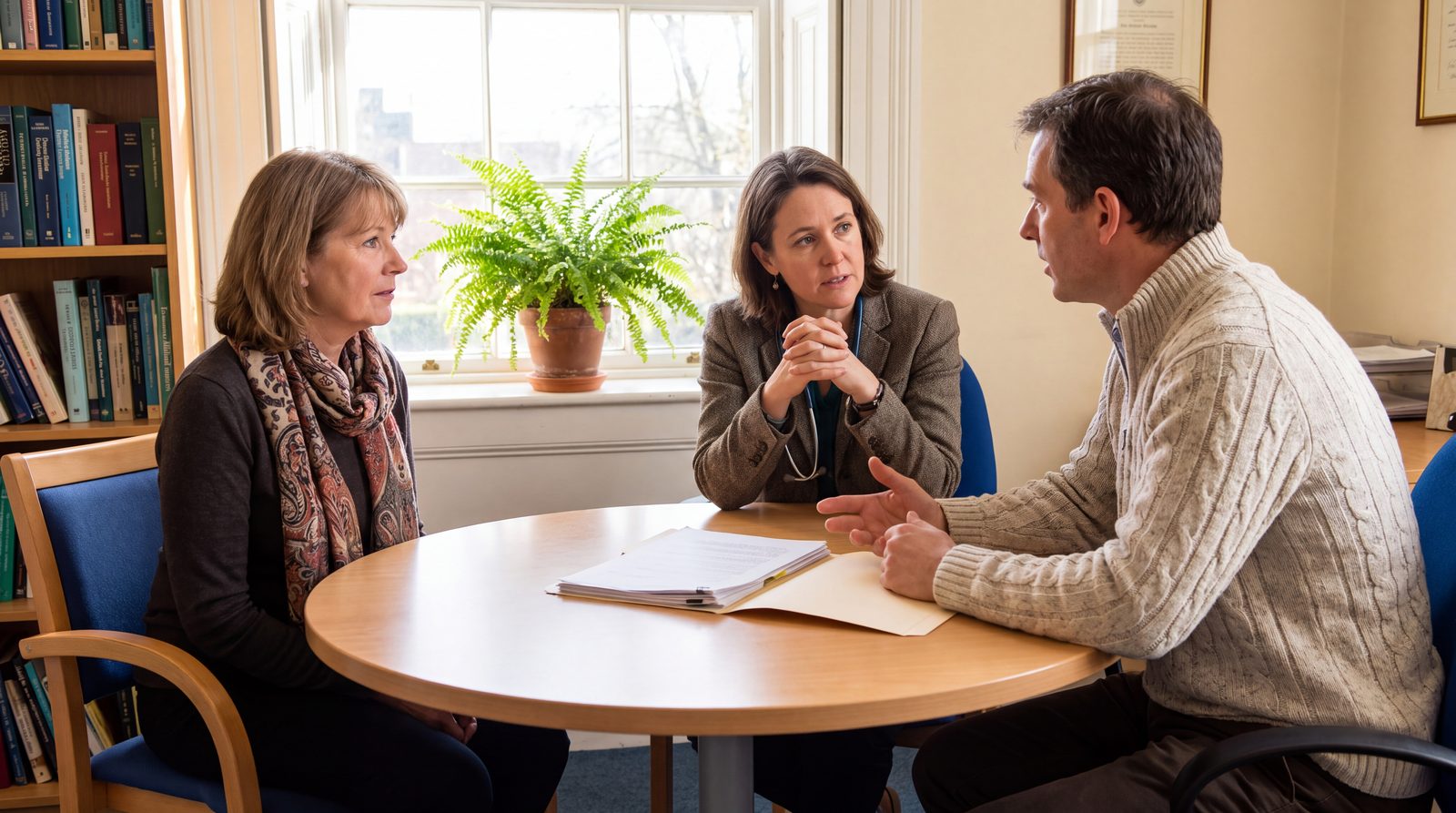 Two adult siblings sitting across a light wood table from a doctor in a bright consulting room, an open folder between them, the doctor listening.