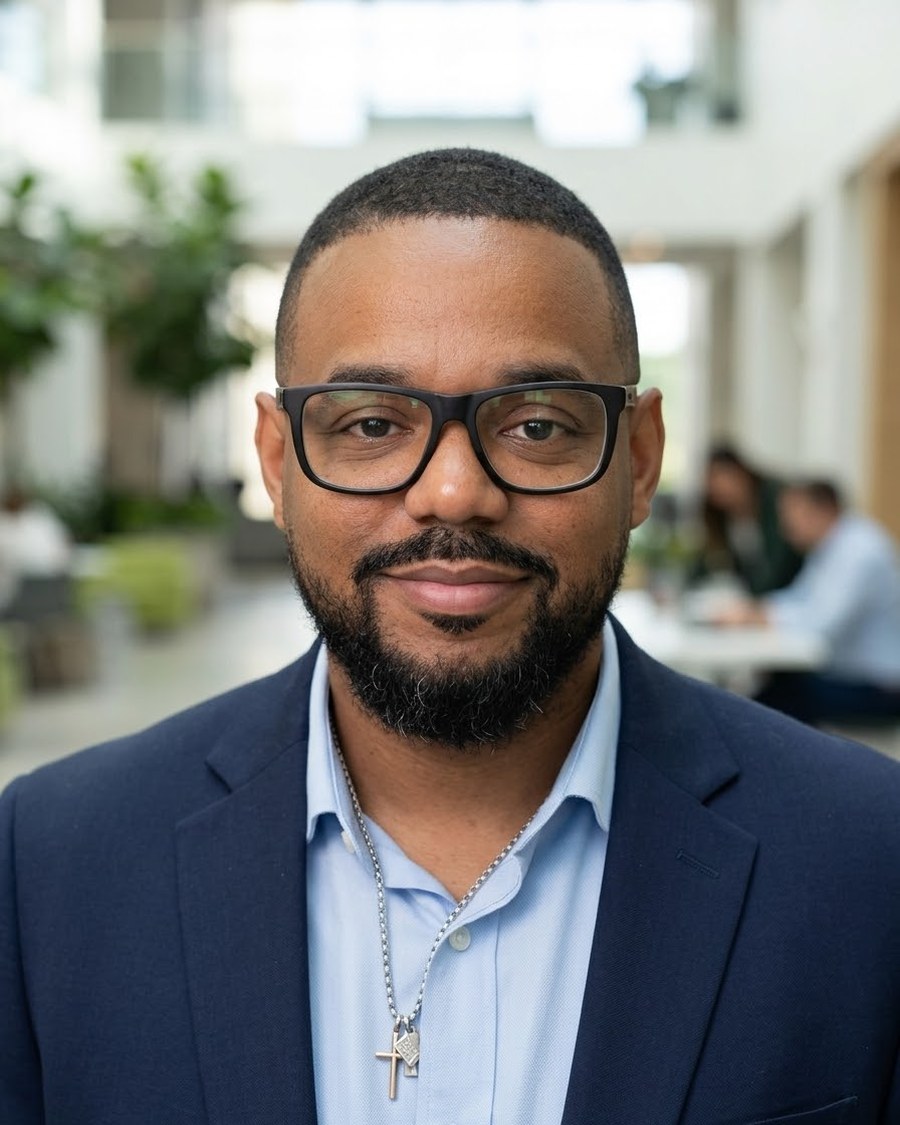 Anthony Gray, Jr., photographed head and shoulders in a navy jacket and light blue shirt, in a bright atrium.