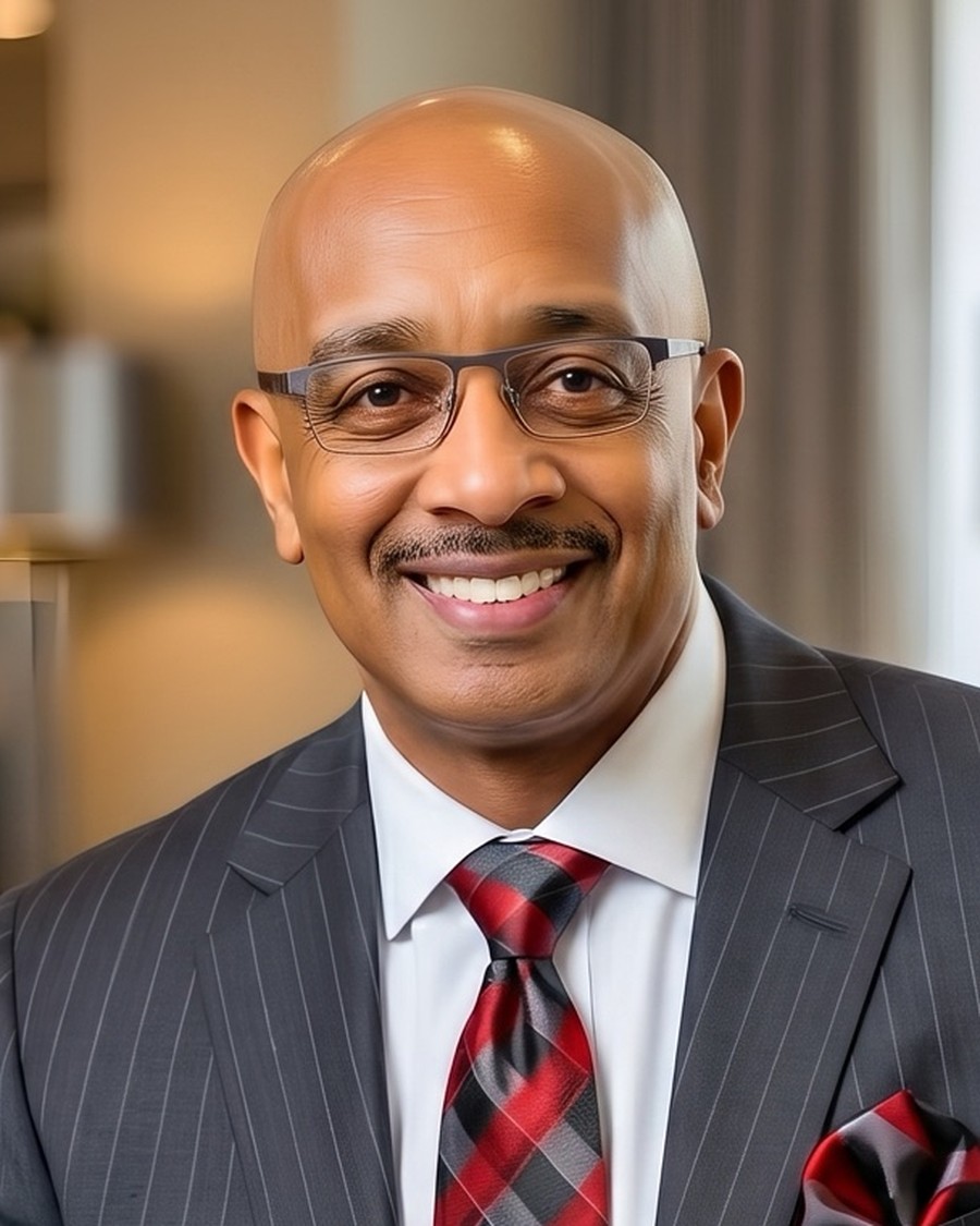 Dr. D. Ivan Young, photographed in a dark suit against a low-lit background, looking directly at the camera.