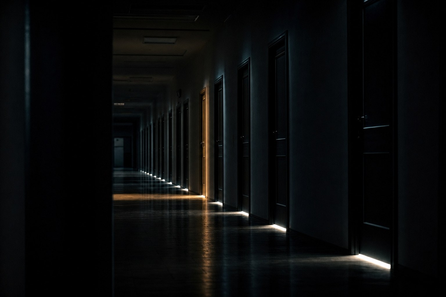 A long, dimly lit institutional corridor receding toward a distant lit threshold, its walls and floor falling away into darkness.