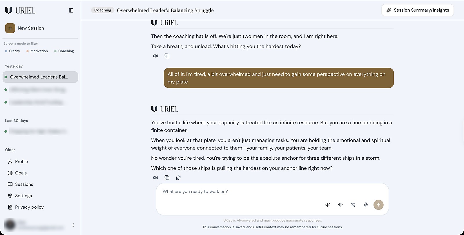 The URIEL app in Coaching mode. URIEL invites the person to take a breath and say what is hitting them hardest. They reply that they are tired and overwhelmed, and URIEL asks which pressure is pulling hardest right now.