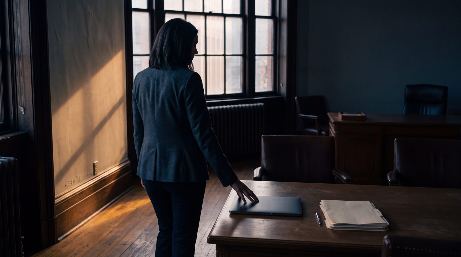 An executive standing at a window in a quiet office at the end of the day, one hand resting on a closed laptop, looking away from the screen.